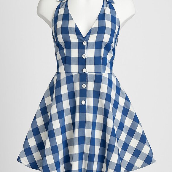 GUESS Blue Gingham Halter Dress Size 2 Fit & Flare Checkered Dress - Picture 1 of 10